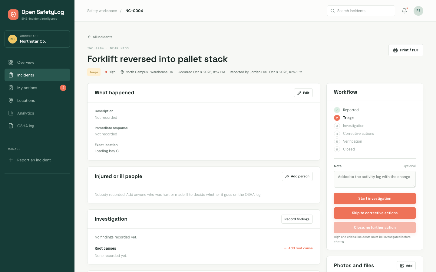 An incident in triage with the workflow panel