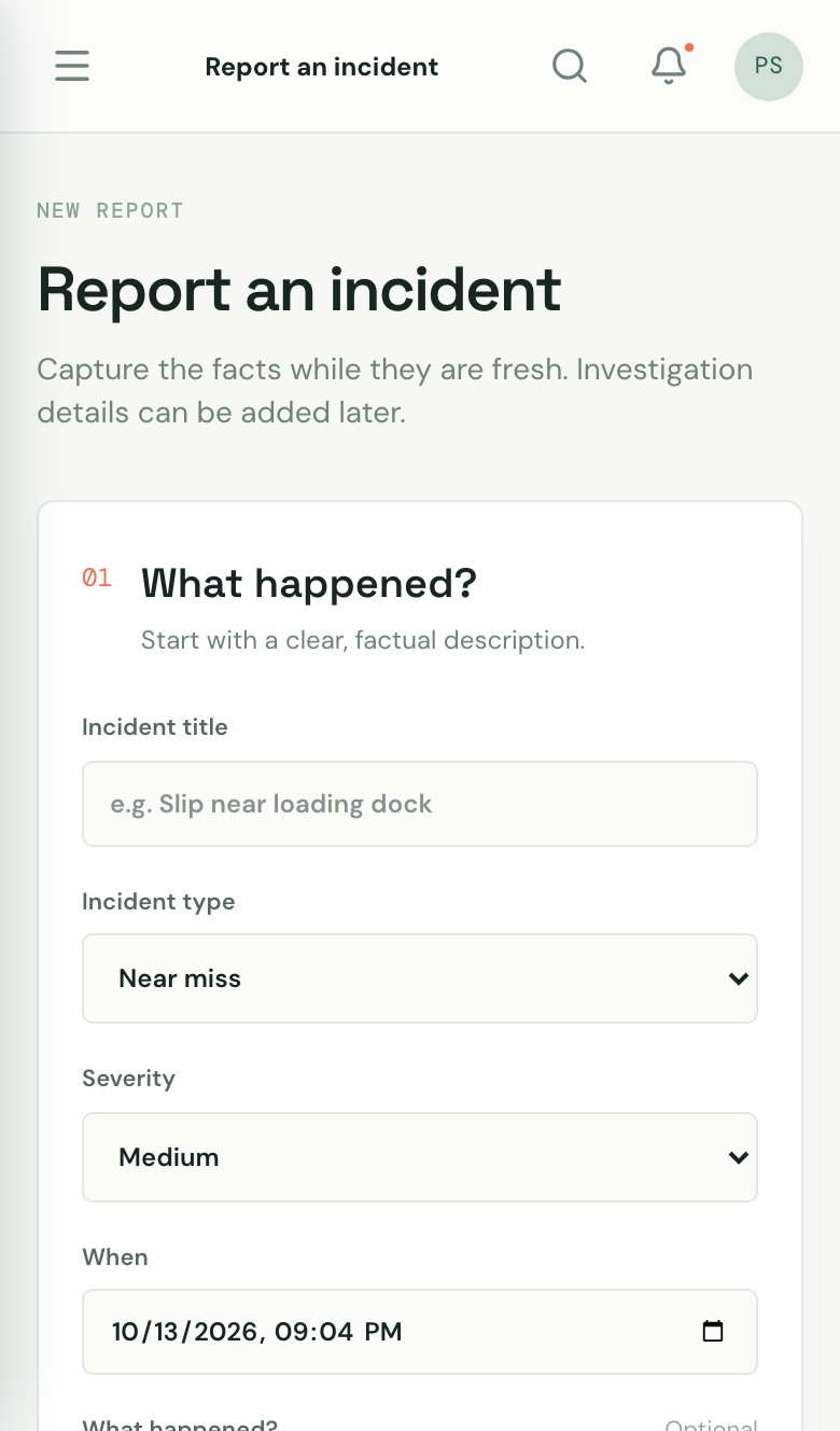 Report an incident form on a phone