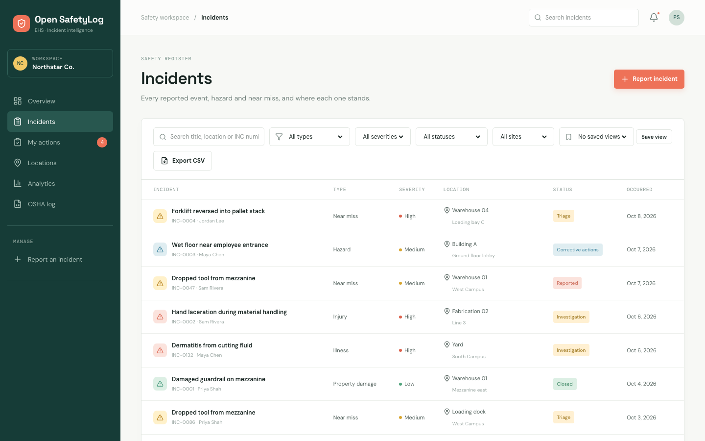 Incidents list with filters, saved views and CSV export
